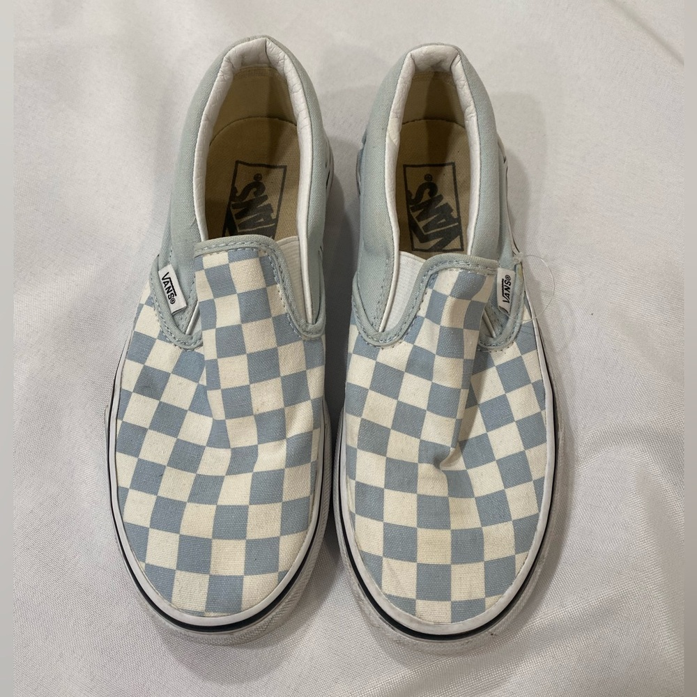 Vans Women’s Blue and White Checkered Slip-On Sneakers